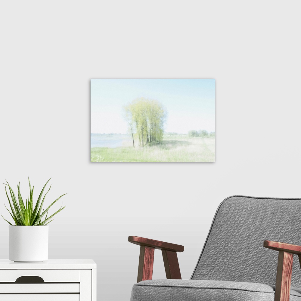 A modern room featuring Artistically blurred photo. Trees musing on a warm summer day.