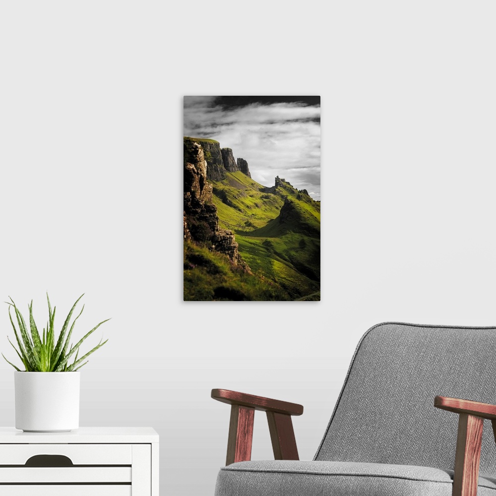 A modern room featuring Fine art photo of a misty valley surrounded by steep cliffs.