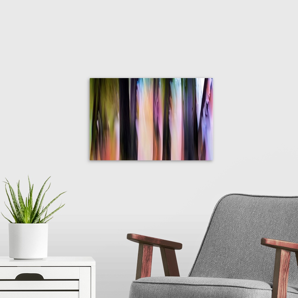 A modern room featuring Abstract image of a group of cedars in a small town in British Columbia, Canada. The image was ma...