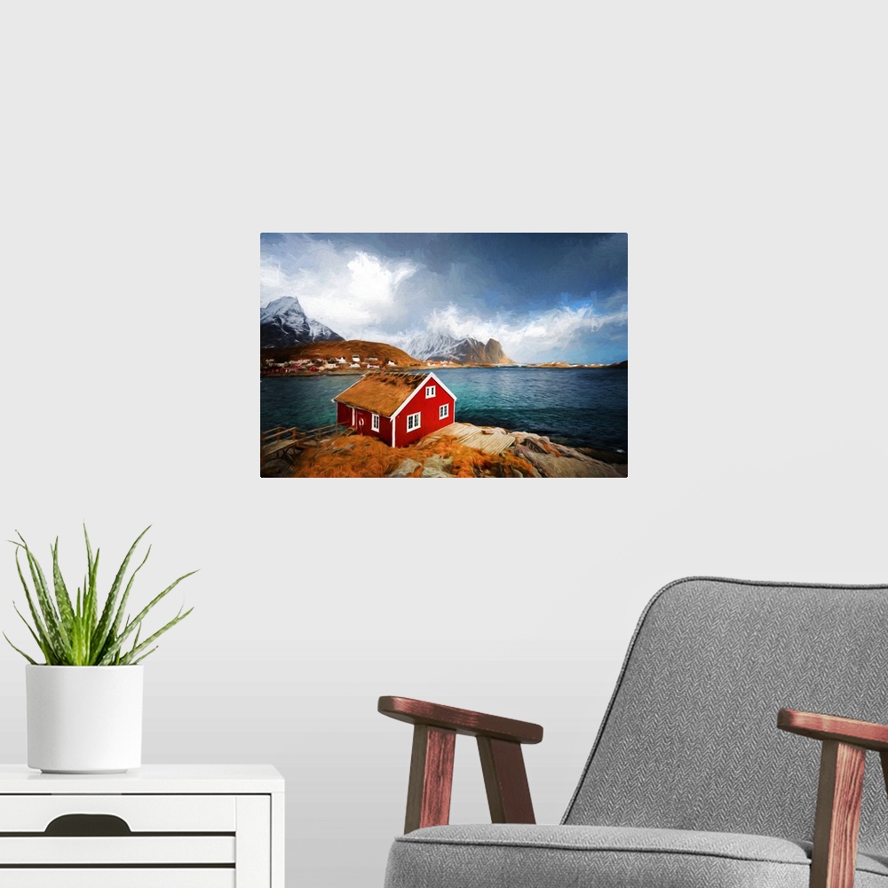 A modern room featuring A photograph of a red house with a rugged mountain covered in snow in the background.