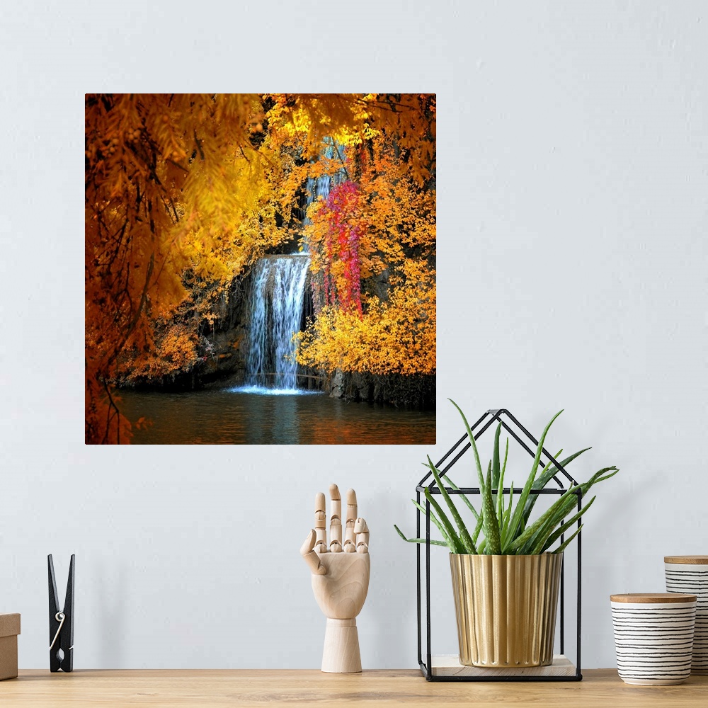 A bohemian room featuring Photograph of waterfall seen through the brightly colored autumn leaves.