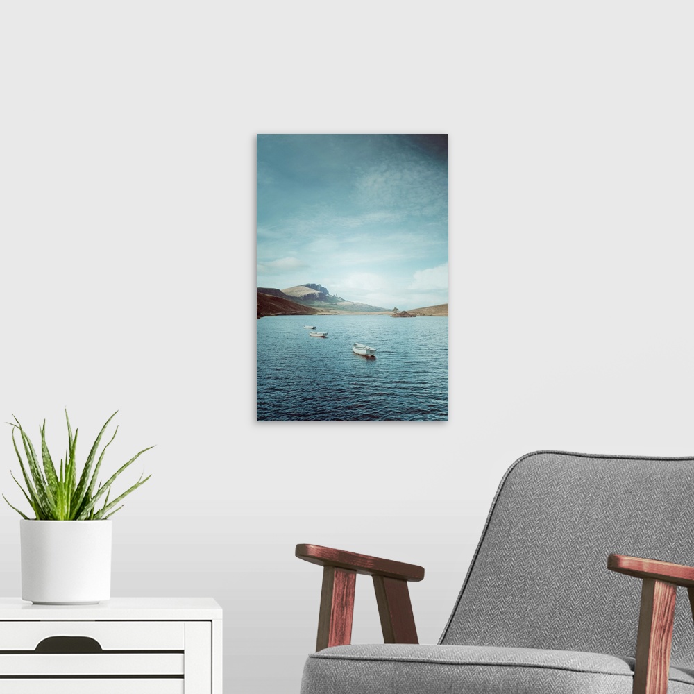 A modern room featuring Fine art photo of a few small boats in on the water on a sunny day in Scotland.