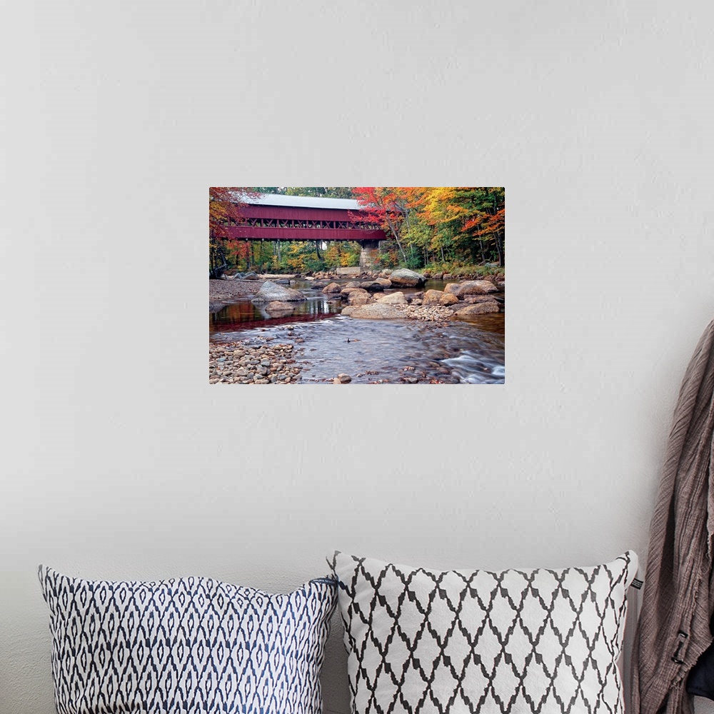 A bohemian room featuring Photograph of the wooden Swift River Bridge located in Conway, New Hampshire that overlooks a riv...