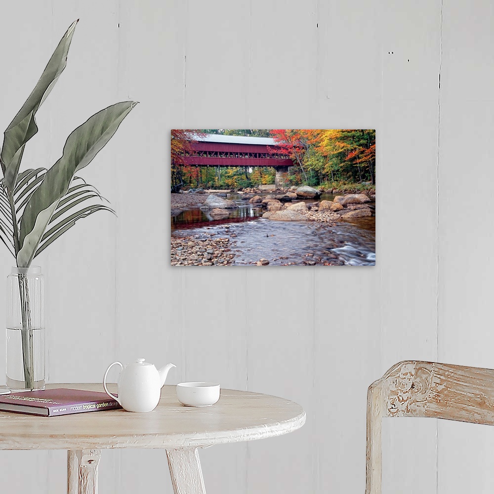 A farmhouse room featuring Photograph of the wooden Swift River Bridge located in Conway, New Hampshire that overlooks a riv...
