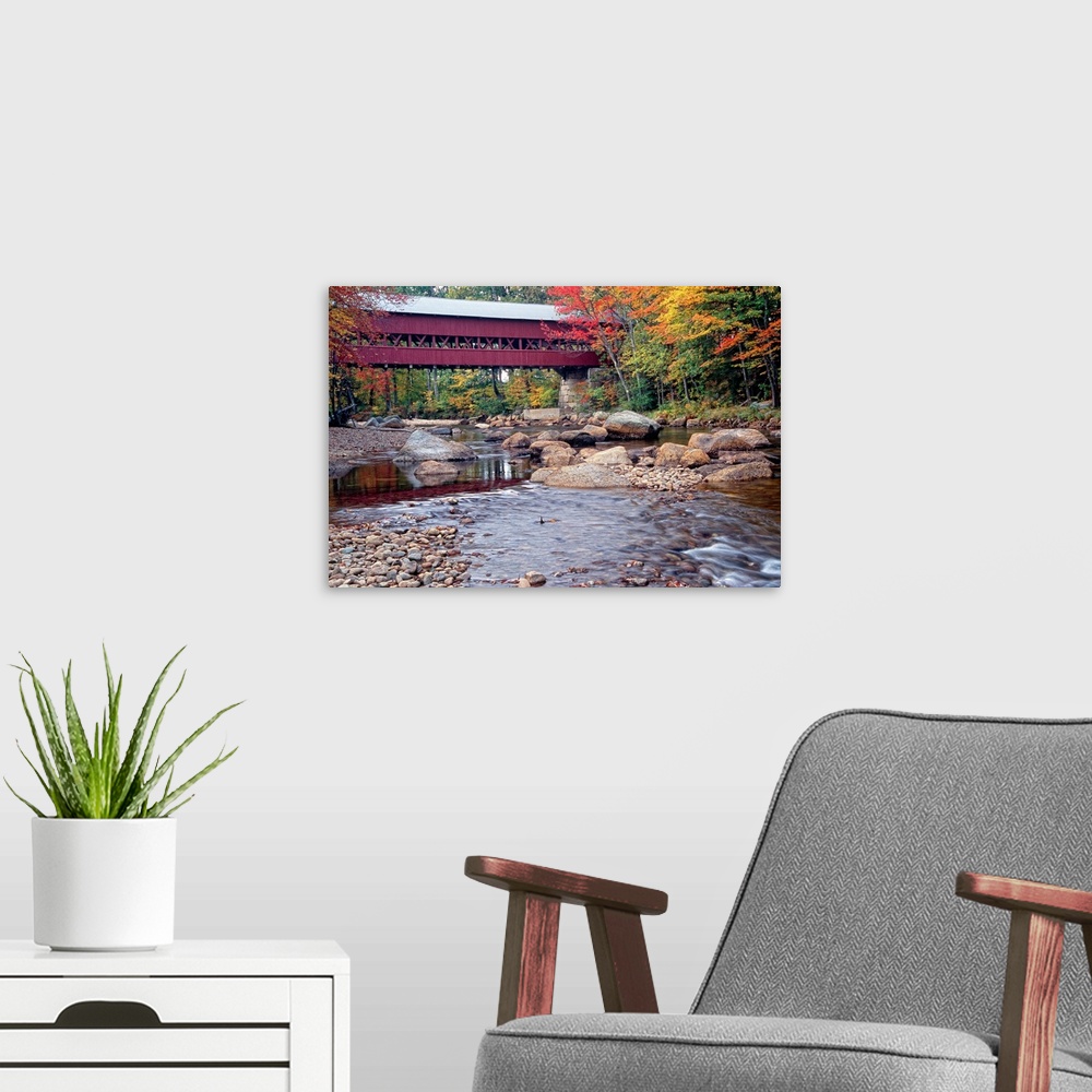 A modern room featuring Photograph of the wooden Swift River Bridge located in Conway, New Hampshire that overlooks a riv...