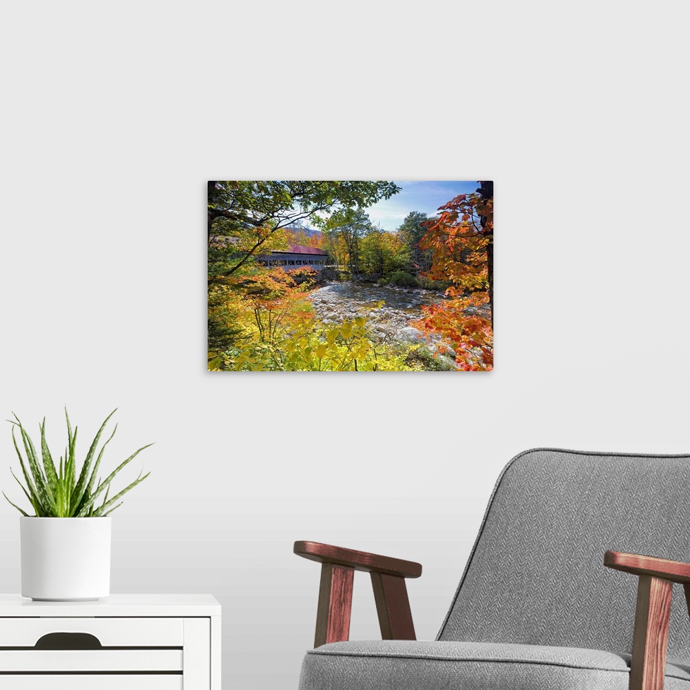 A modern room featuring Large photograph focuses on a covered overpass as it sits above a slow moving stream filled with ...