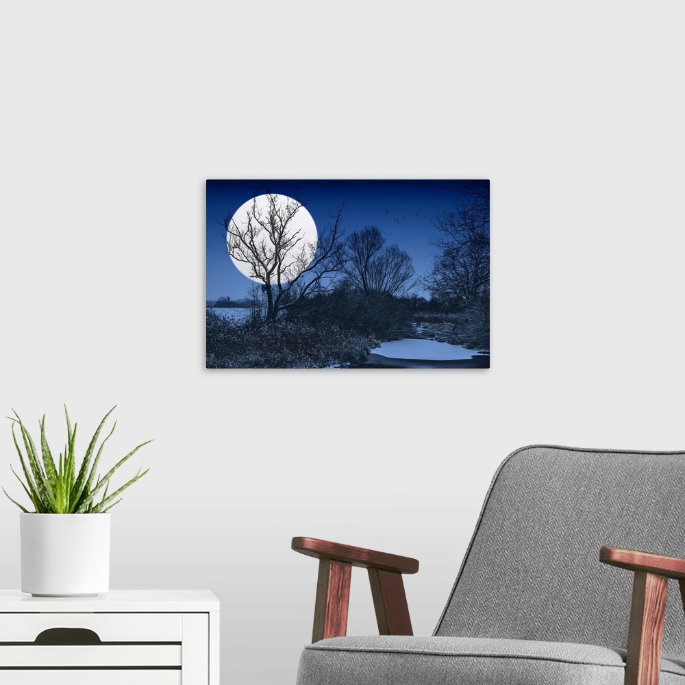 A modern room featuring Night landscape with a big white moon
