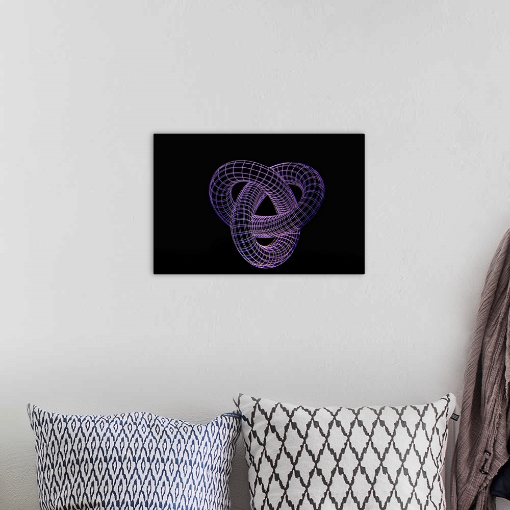 A bohemian room featuring A photograph of a purple wire frame loose infinity knot.