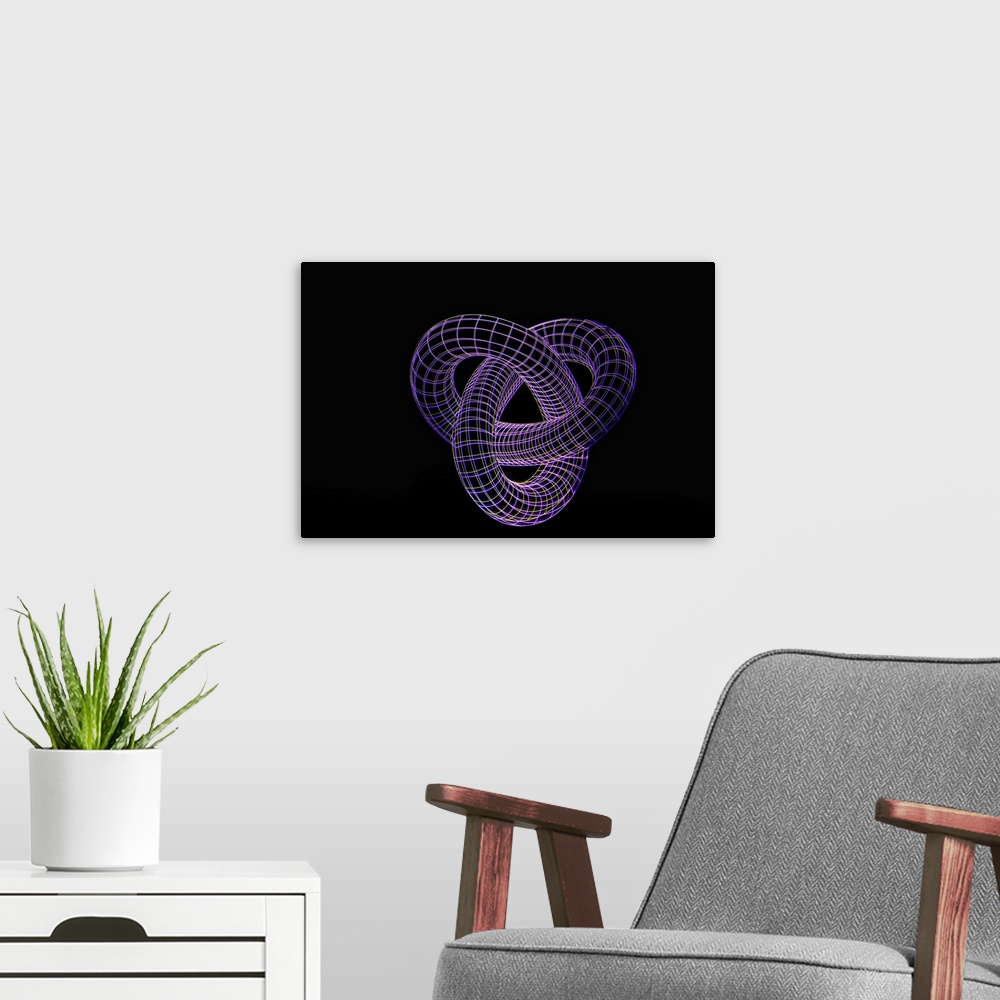 A modern room featuring A photograph of a purple wire frame loose infinity knot.