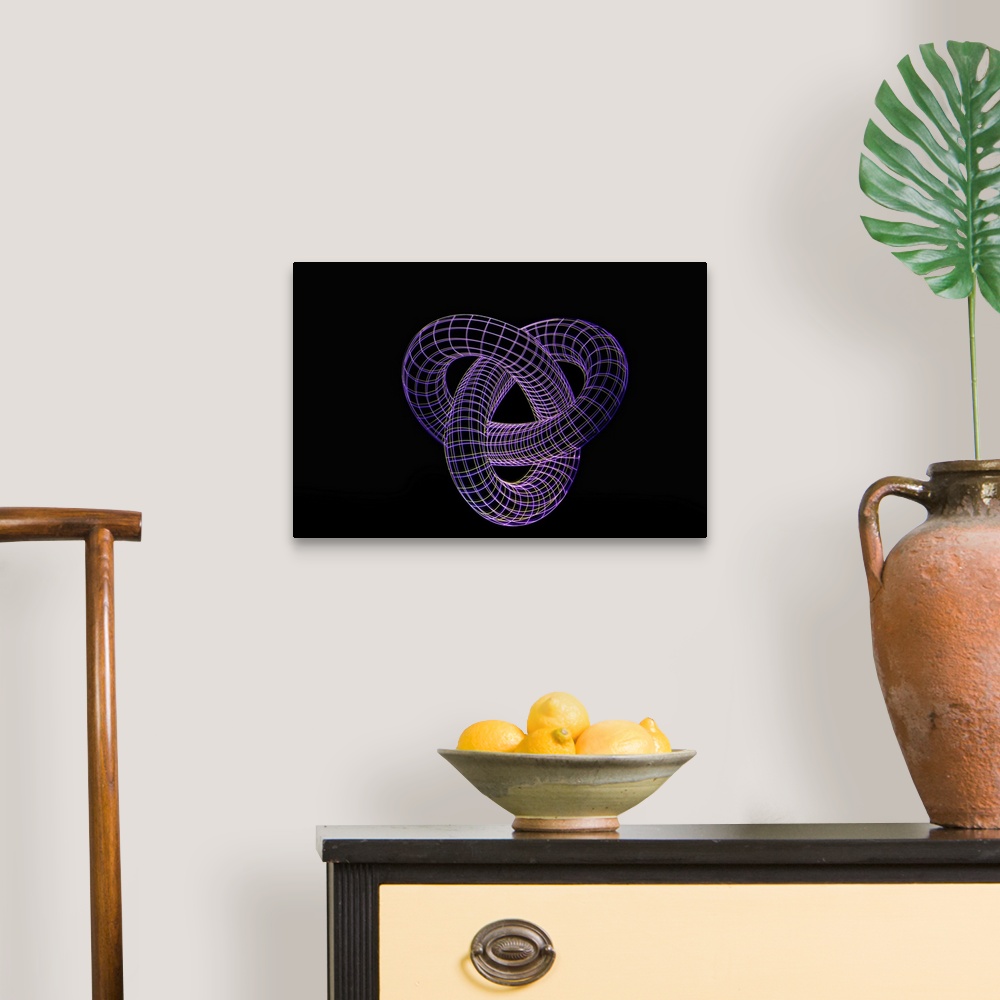 A traditional room featuring A photograph of a purple wire frame loose infinity knot.