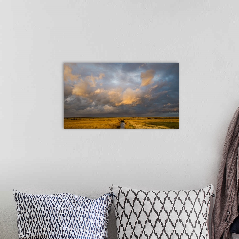 A bohemian room featuring Photograph of a beautiful skyscape in Norfolk, England, with a stream in the center moving toward...