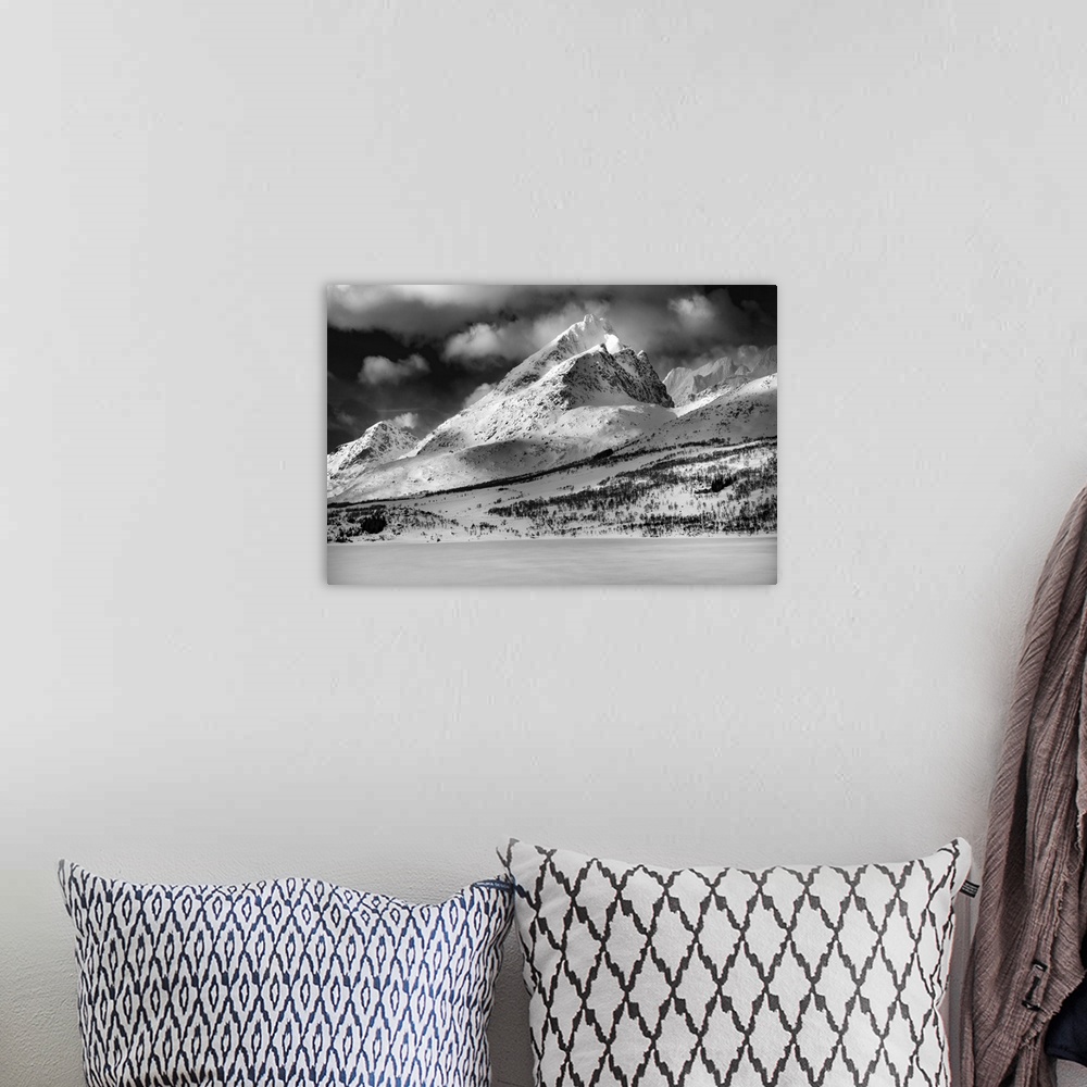 A bohemian room featuring Snowy mountain in Norway, black and white photo