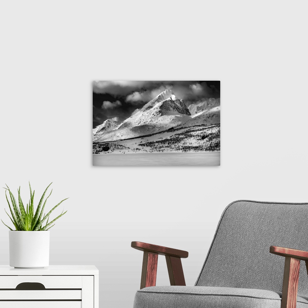 A modern room featuring Snowy mountain in Norway, black and white photo