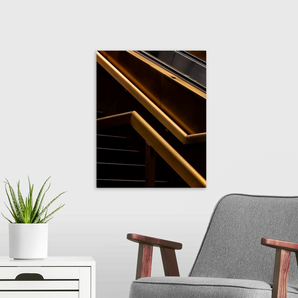 A modern room featuring Wooden railing and staircase in New York, at an abstract angle.