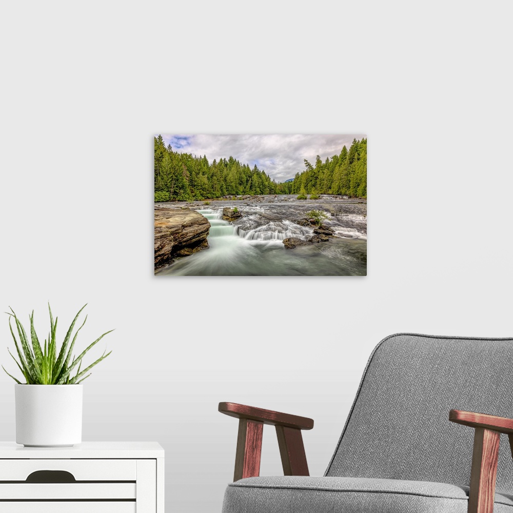 A modern room featuring Long exposure of Nymph Falls on Vancouver Island.