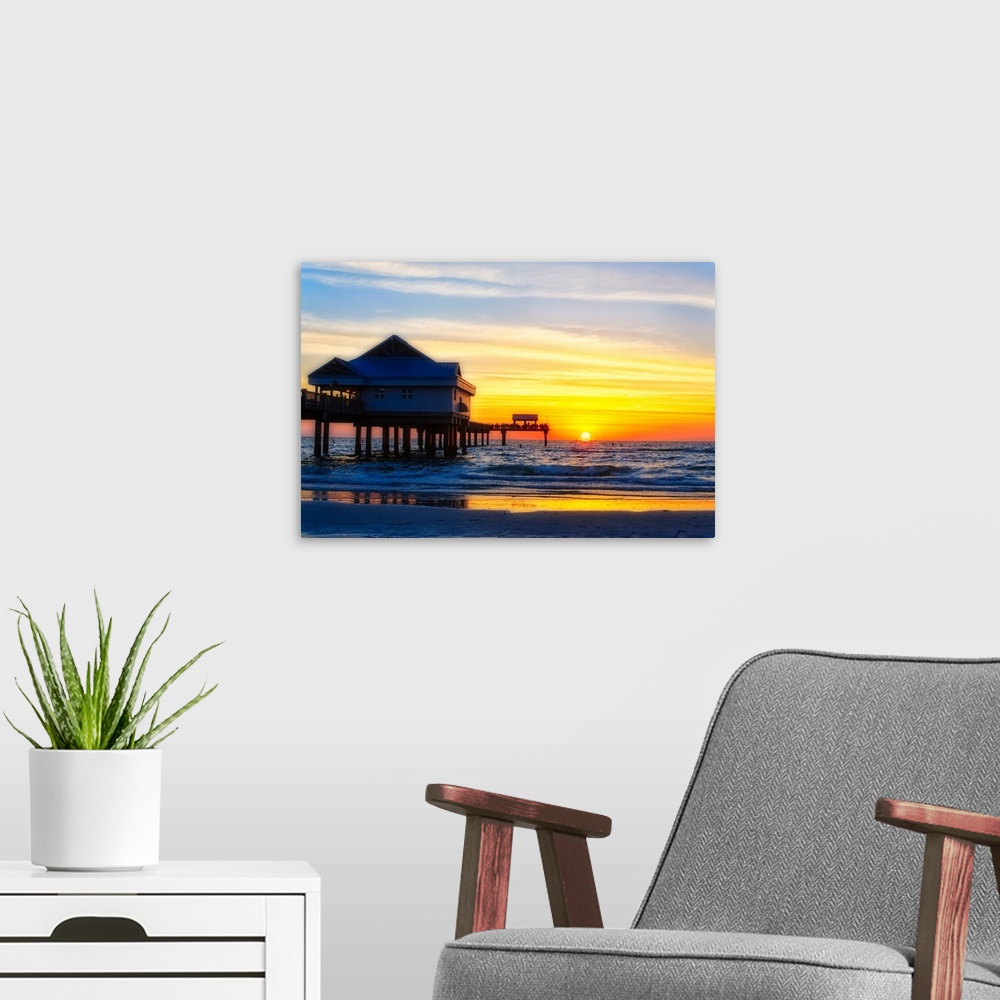 A modern room featuring Clearwater beach Sunset over the Pier, Florida.