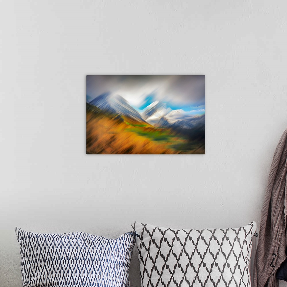 A bohemian room featuring Abstract image of the mountains in the Goat Range in British Columbia, Canada, as seen from Bear ...