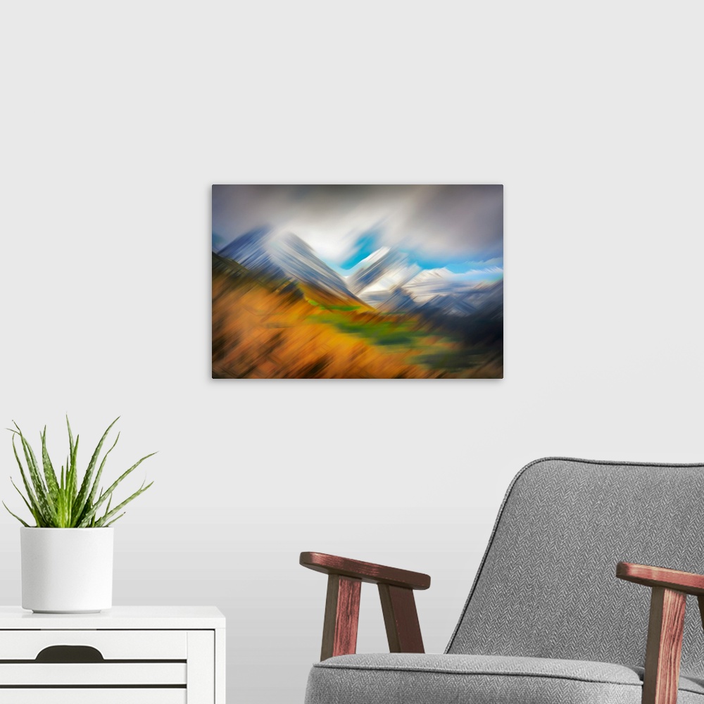 A modern room featuring Abstract image of the mountains in the Goat Range in British Columbia, Canada, as seen from Bear ...
