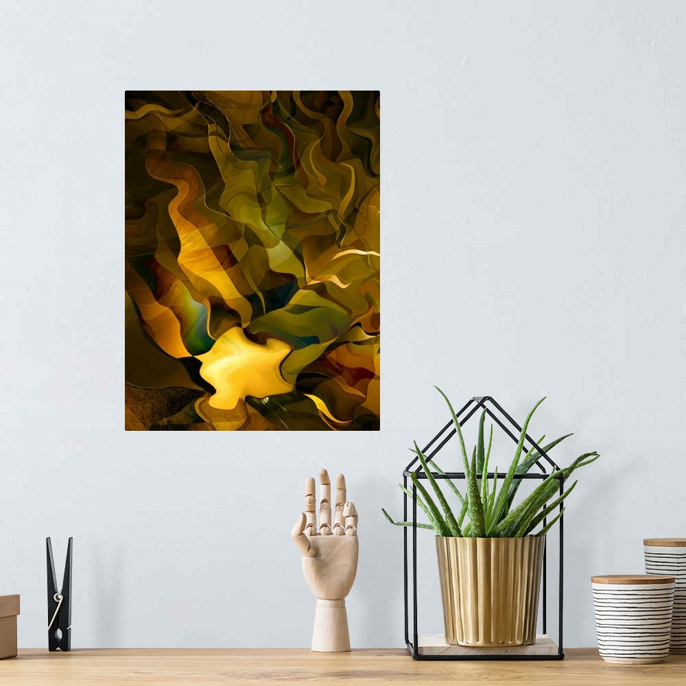 A bohemian room featuring Abstract photograph made of wavy shapes in varying golden shades.