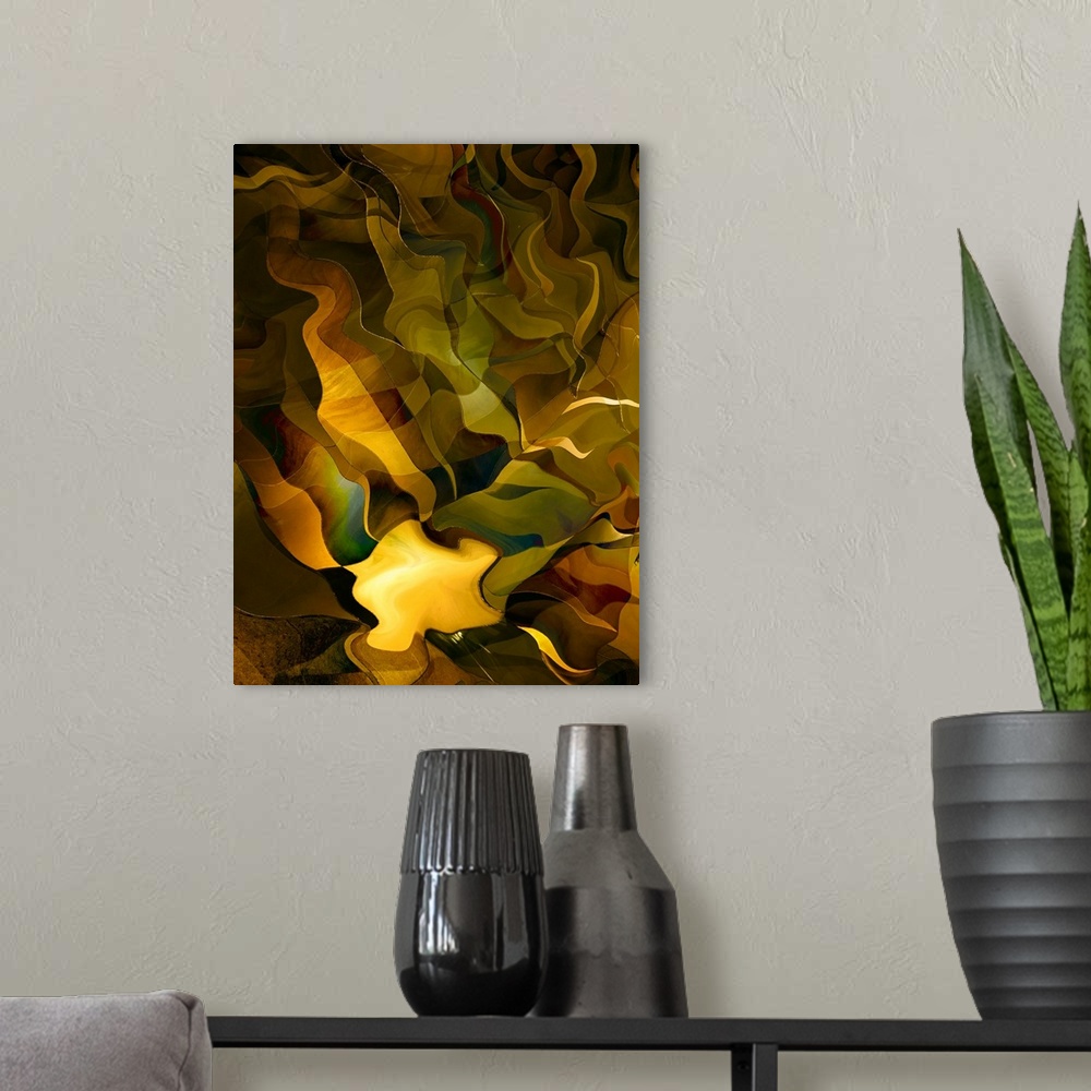 A modern room featuring Abstract photograph made of wavy shapes in varying golden shades.