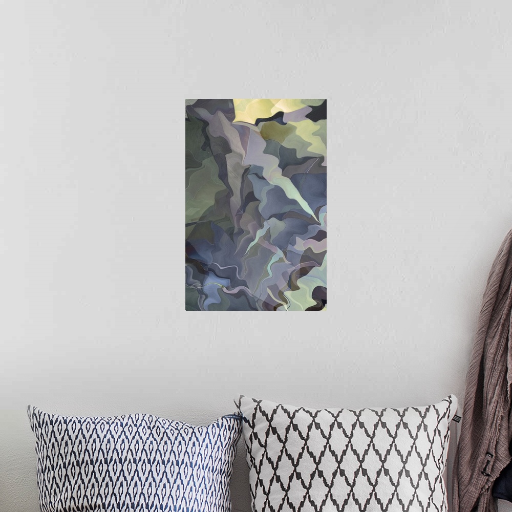 A bohemian room featuring Abstract photograph made of wavy shapes in varying grey shades.
