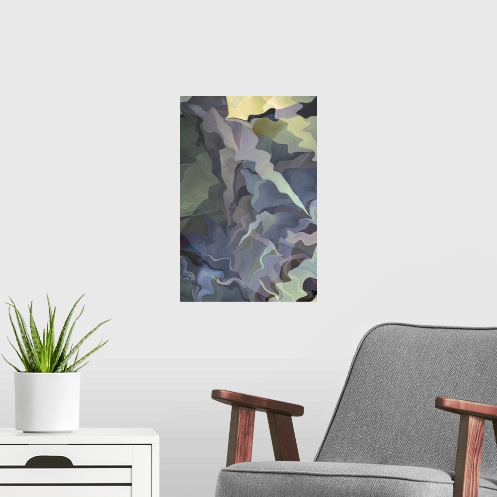 A modern room featuring Abstract photograph made of wavy shapes in varying grey shades.