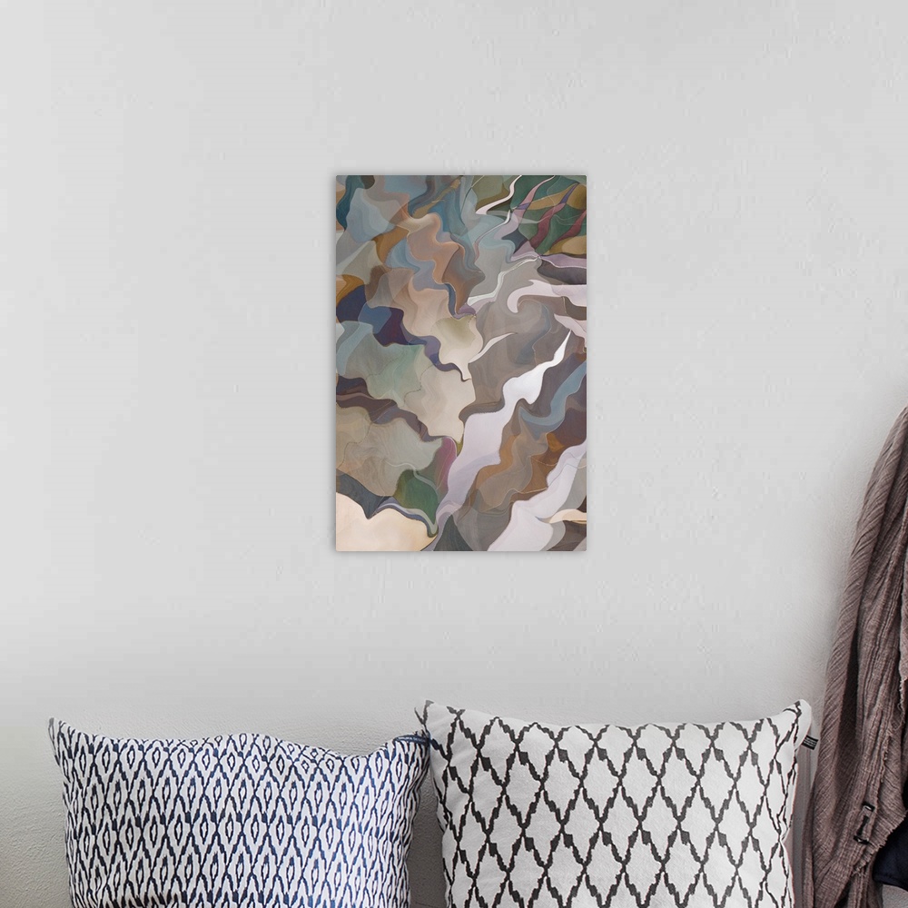A bohemian room featuring Abstract photograph made of wavy shapes in varying neutral shades.