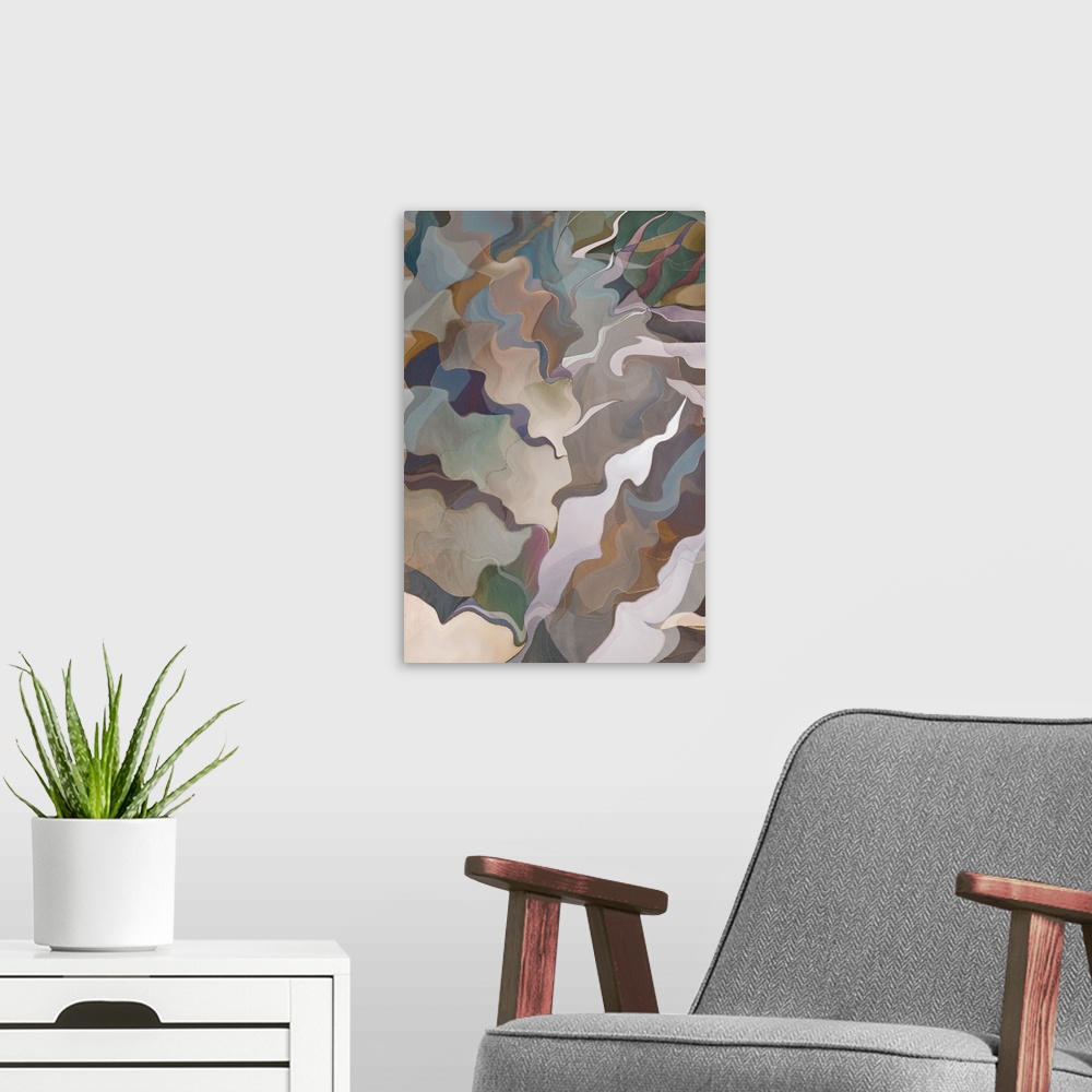 A modern room featuring Abstract photograph made of wavy shapes in varying neutral shades.