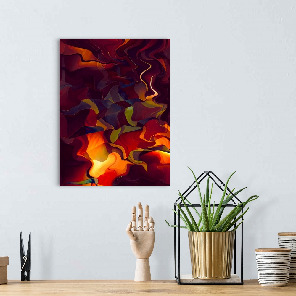 A bohemian room featuring Abstract photograph made of wavy shapes in varying fiery shades.