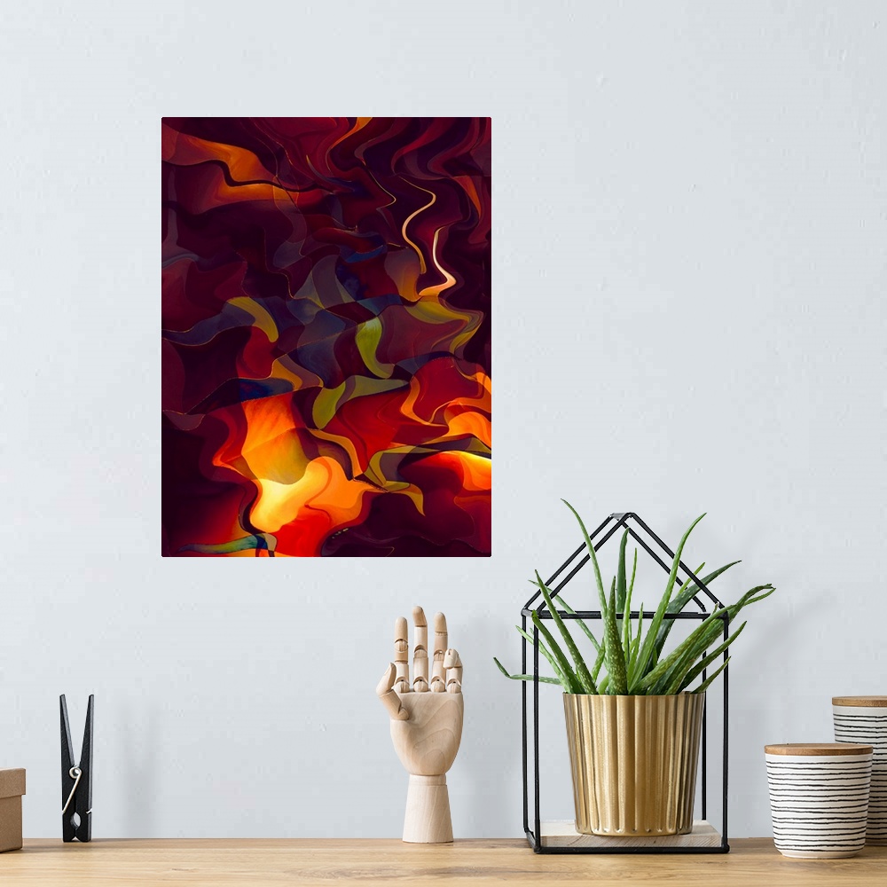 A bohemian room featuring Abstract photograph made of wavy shapes in varying fiery shades.