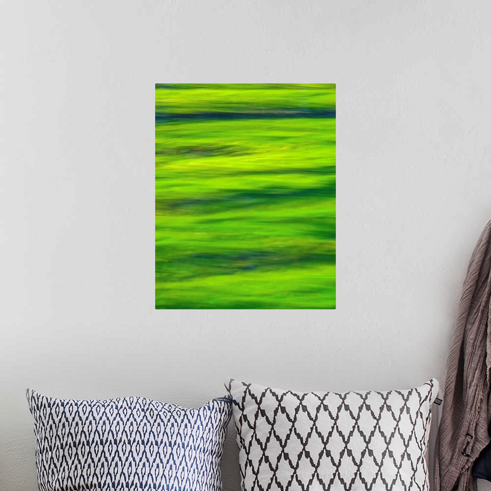 A bohemian room featuring Blurred photo of ripples in a green pond.