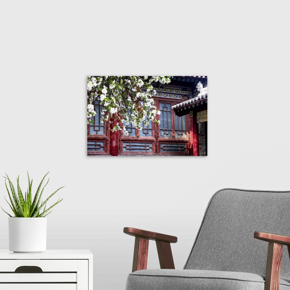 A modern room featuring Blooming tree in front of a historic building, Beilin, Forest of the Stone Steles, Beilin, Shian,...