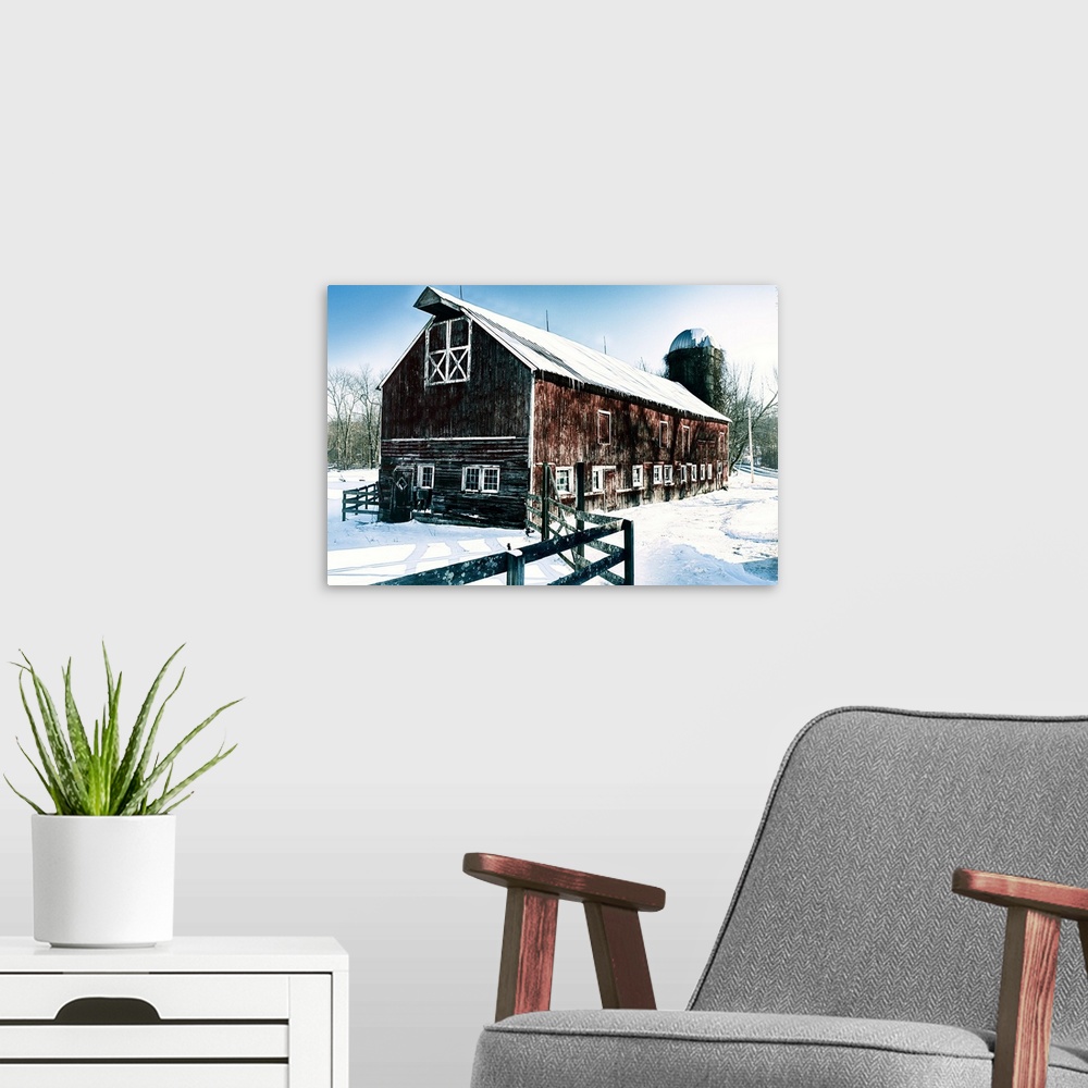 A modern room featuring Vintage Farm Building During Winter, Hunterdon County, New Jersey