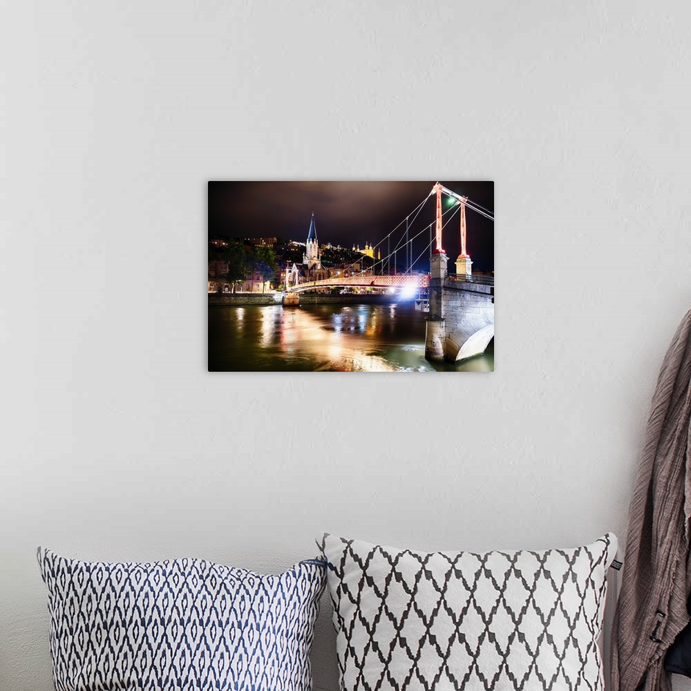 A bohemian room featuring St George's Footbridge Over the Saone River at Night with Old Lyon , France