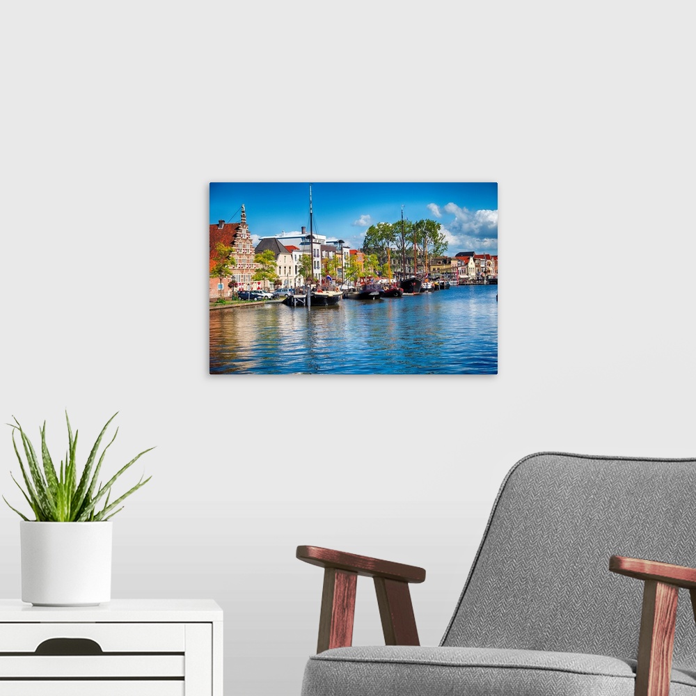 A modern room featuring Canal with oldsShips, Kort Galgewater, Leiden, Netherlands.