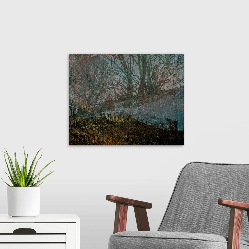 A modern room featuring A natural abstracted landscape showing a deep dark melancholy old farmhouse high on the Bronte mo...