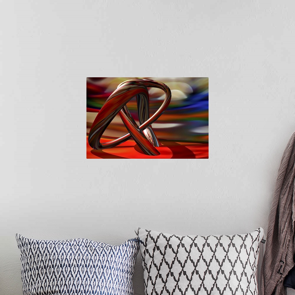 A bohemian room featuring An abstract photograph of a metallic tubular structure in an abstract environment.