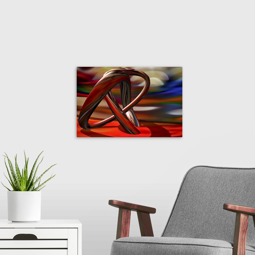 A modern room featuring An abstract photograph of a metallic tubular structure in an abstract environment.