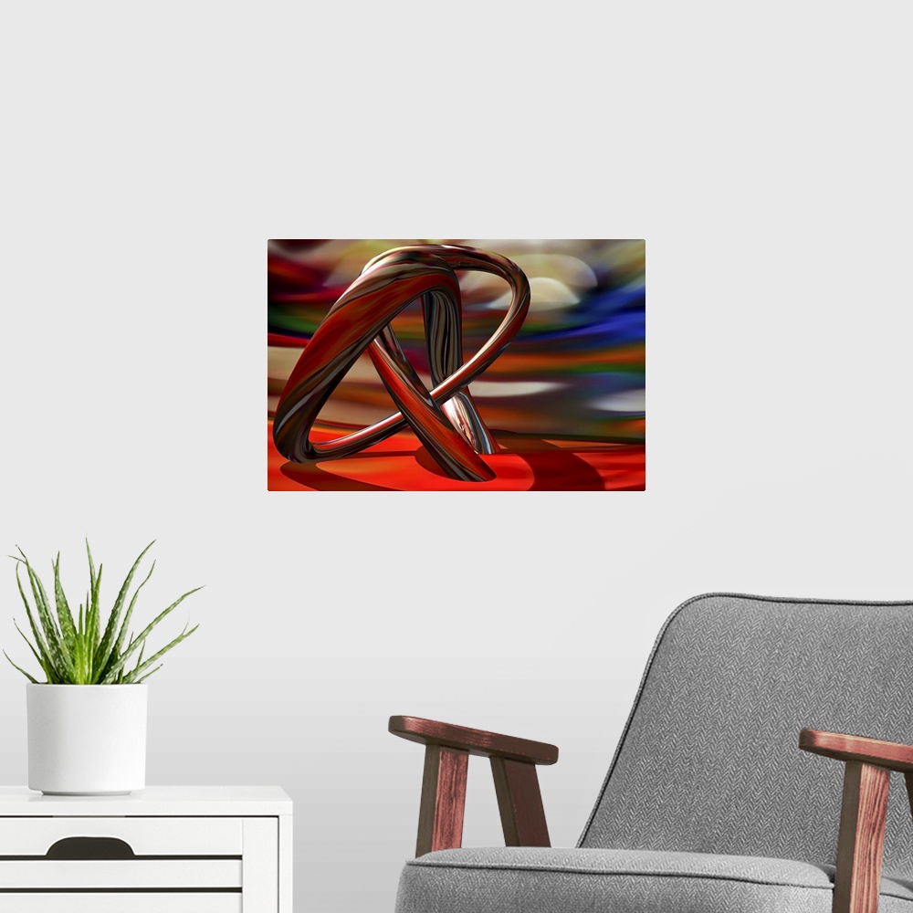 A modern room featuring An abstract photograph of a metallic tubular structure in an abstract environment.