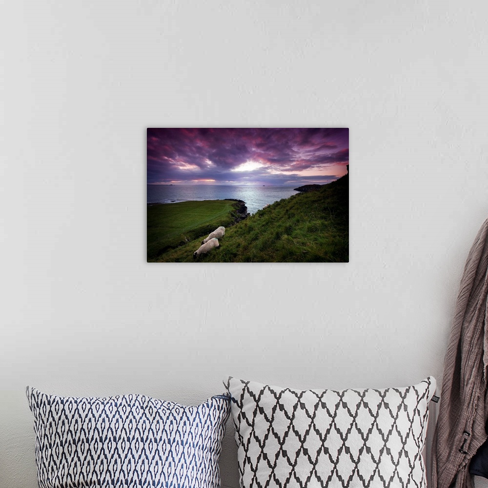 A bohemian room featuring Fine art photo of grassy hills overlooking the sea under a pastel sky at dusk.