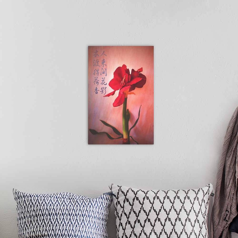 A bohemian room featuring Flowering red plant with broad petals, with Chinese calligraphy.