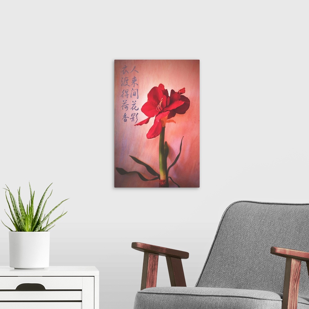 A modern room featuring Flowering red plant with broad petals, with Chinese calligraphy.