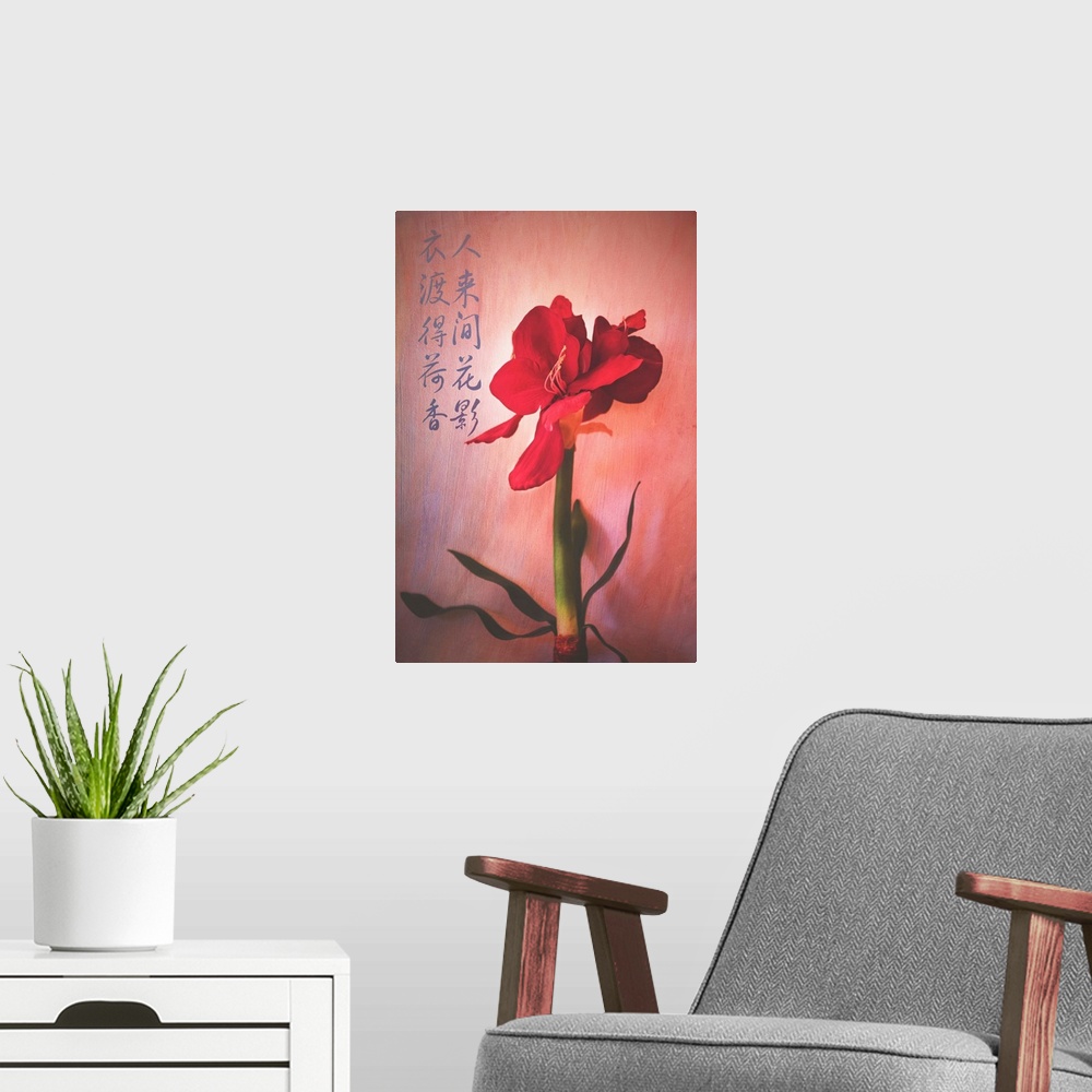 A modern room featuring Flowering red plant with broad petals, with Chinese calligraphy.