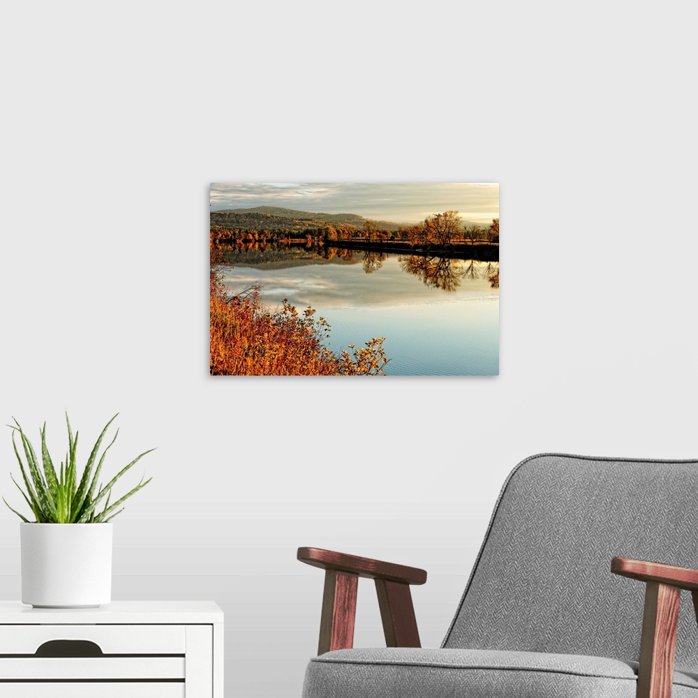 A modern room featuring Fine art photo of a calm lake at dusk with an autumn forest in the distance.