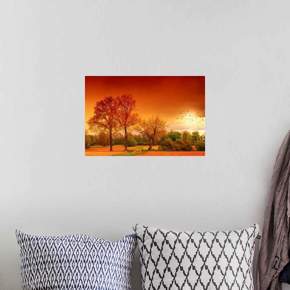 A bohemian room featuring This large lanscape piece shows a field with immense trees that have autumn colored leaves. Green...