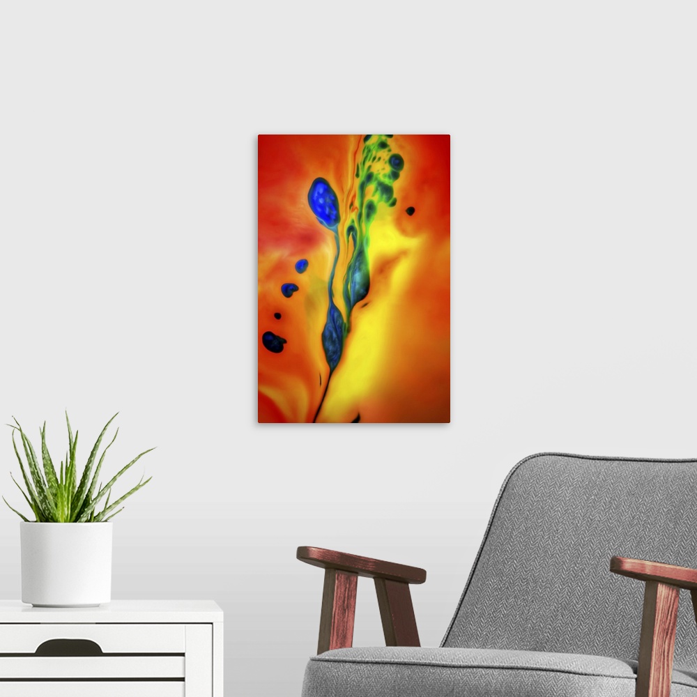 A modern room featuring Abstract representation of a small orchid.