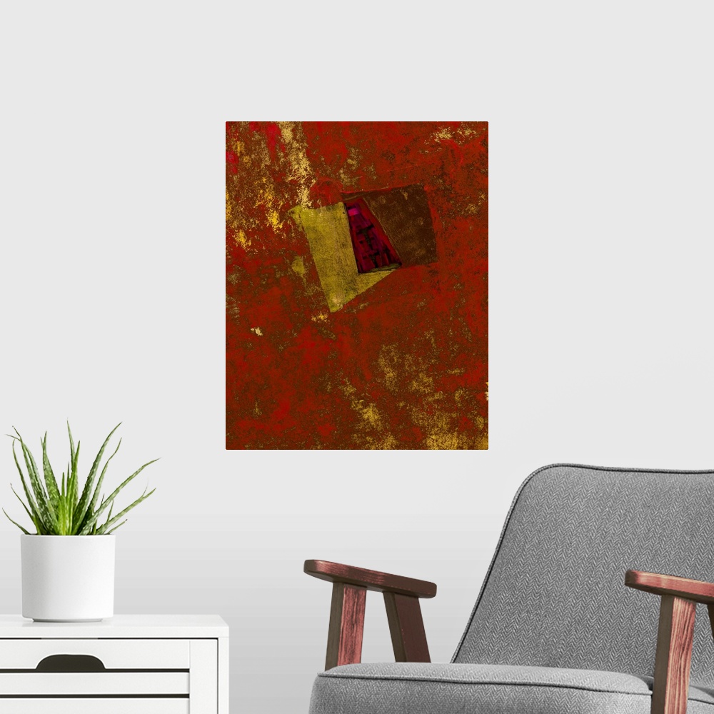 A modern room featuring An abstract expressionist image of shimmering textures and shapes in golds and crimson red.