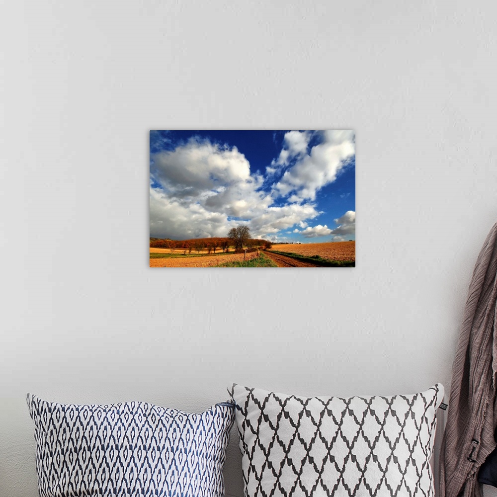 A bohemian room featuring Blue sky with heavy clouds above the countryside