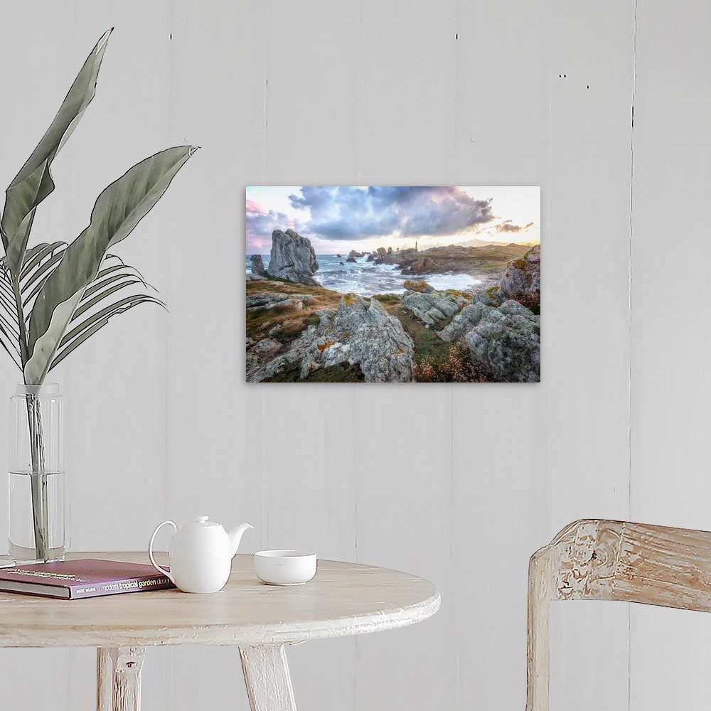 A farmhouse room featuring Fine art photo of a lighthouse on a rocky shore in the north of France.