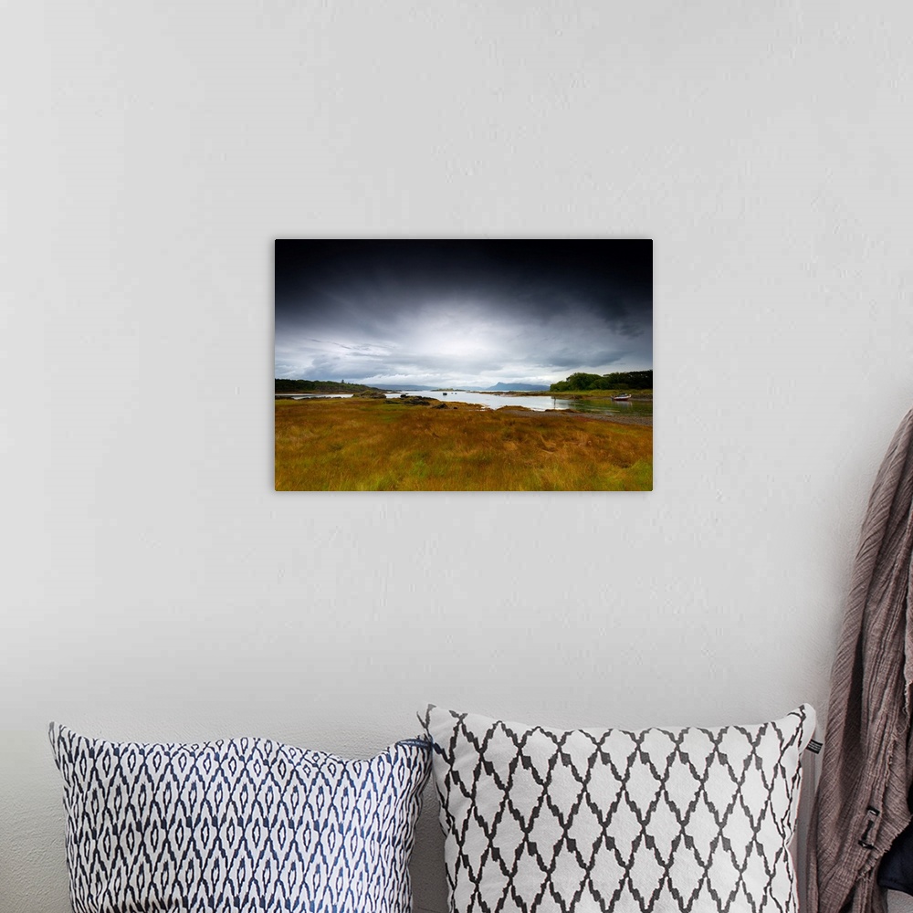 A bohemian room featuring Fine art photo of a grassy marshland at the edge of the water under a stormy sky.